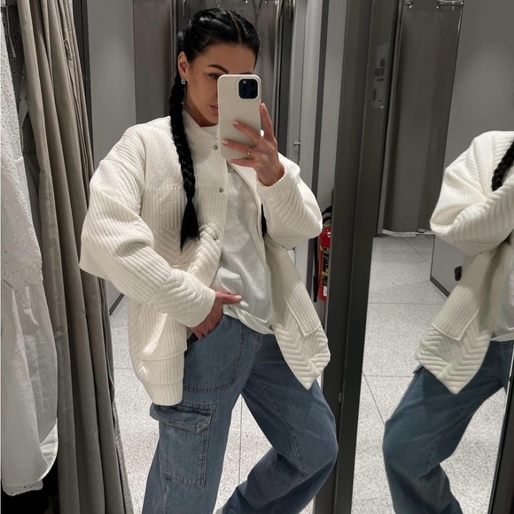 Zara jacket coat bomber overcoat cream ribbed casual fall lightweight - Picture 1 of 10